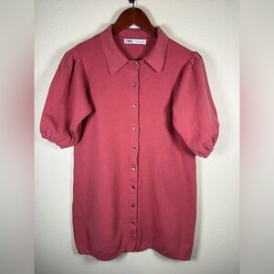 Zara Dusty Rose Knit Dress Puff Sleeves Collar Button Down M Minimalist Feminine